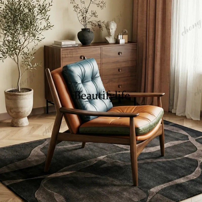 Retro light luxury color matching leather back chair small apartment home study office solid wood curved armrest leisure chair