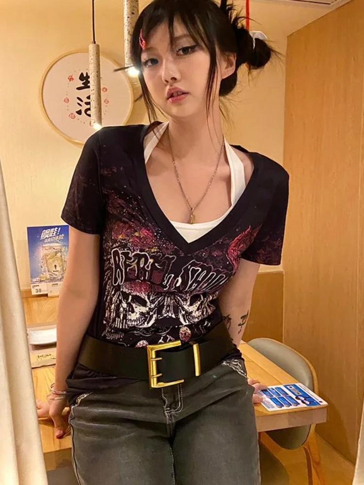 HOUZHOU Japanese 2000s Style Tshirts Women Y2k Vintage Punk Aesthetic Graphic Top Gothic Short Sleeve Harajuku Streetwear Grunge