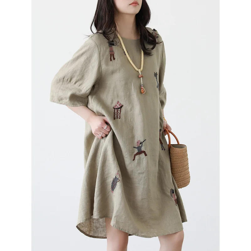 

2025 Linen Hand-embroidered Dress Simple Crew Neck Loose Little Black Dress