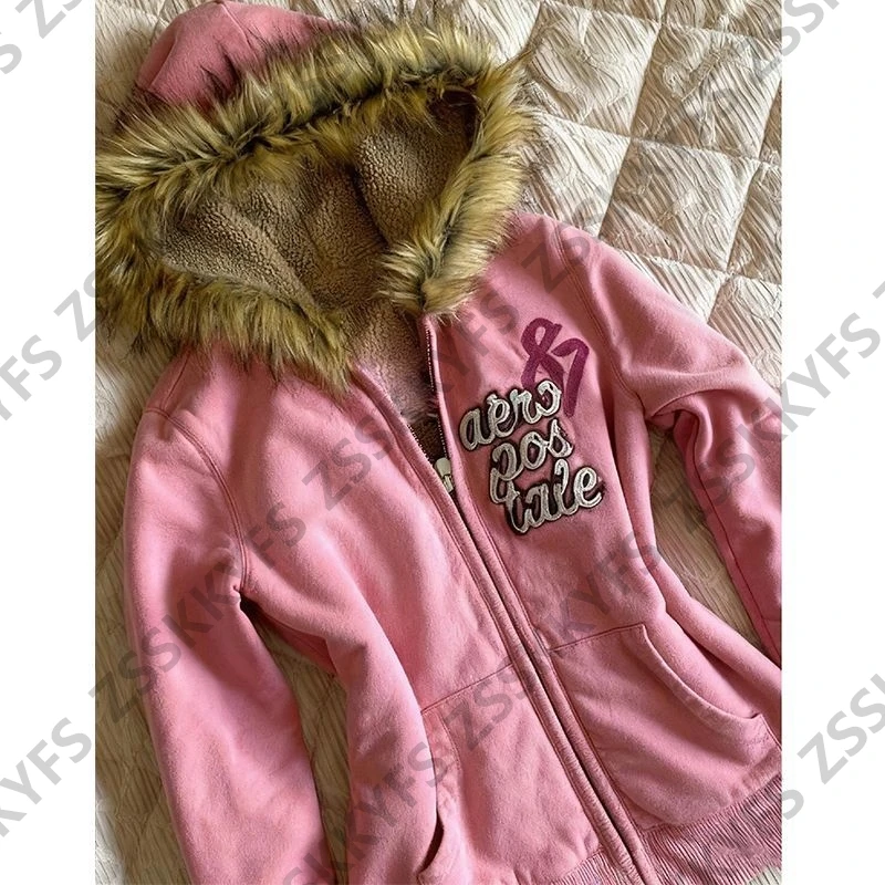 Vintage y2k carta hoodie rosa harajuku roupas de inverno 90s sweatshirts zip-up casaco quente menina japão bonito mangas compridas com capuz emo