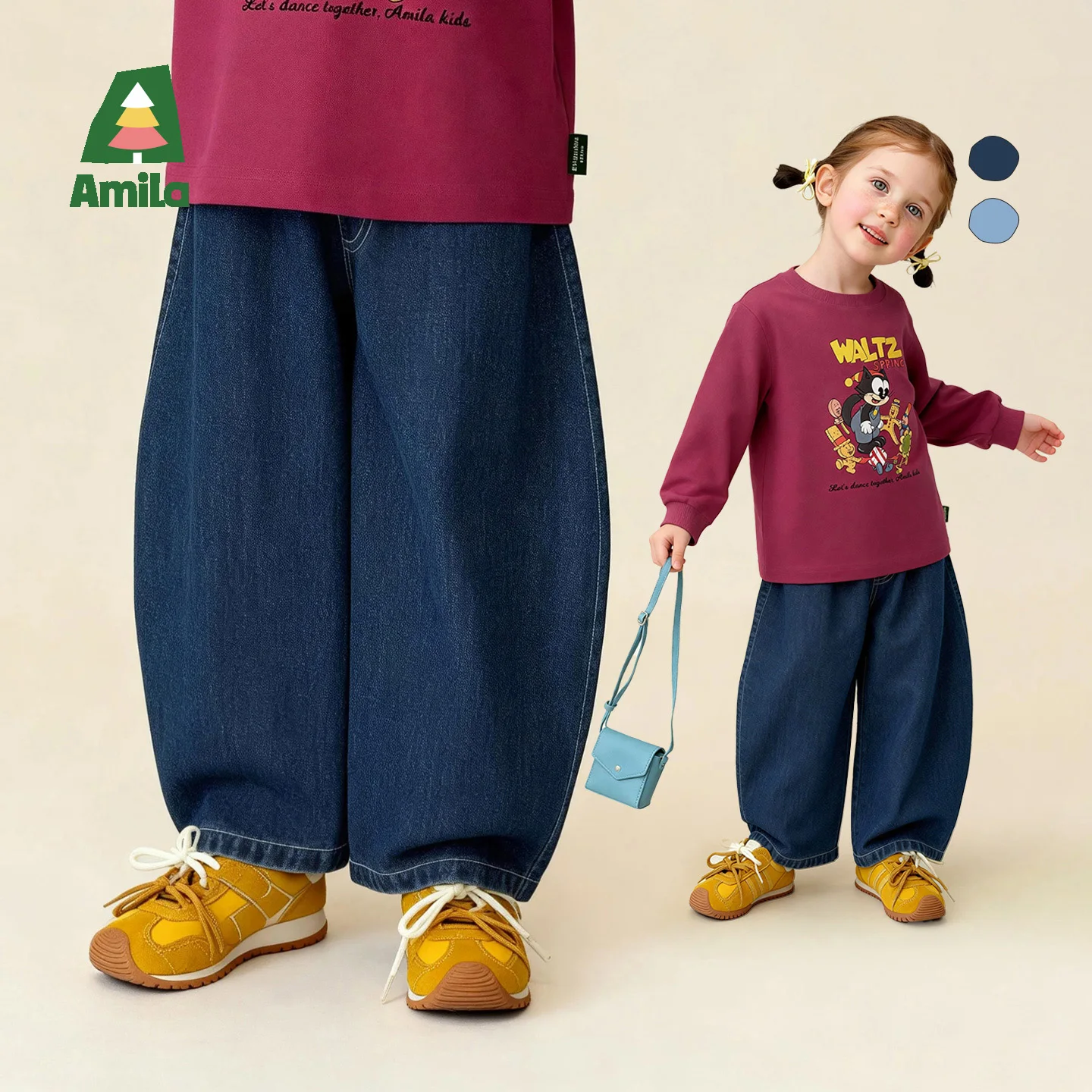 Amila 2026 Spring New Children's Curved Knife Jeans With Elastic Waist, Fashionable And Trendy  Easy To Fit To Various Tops