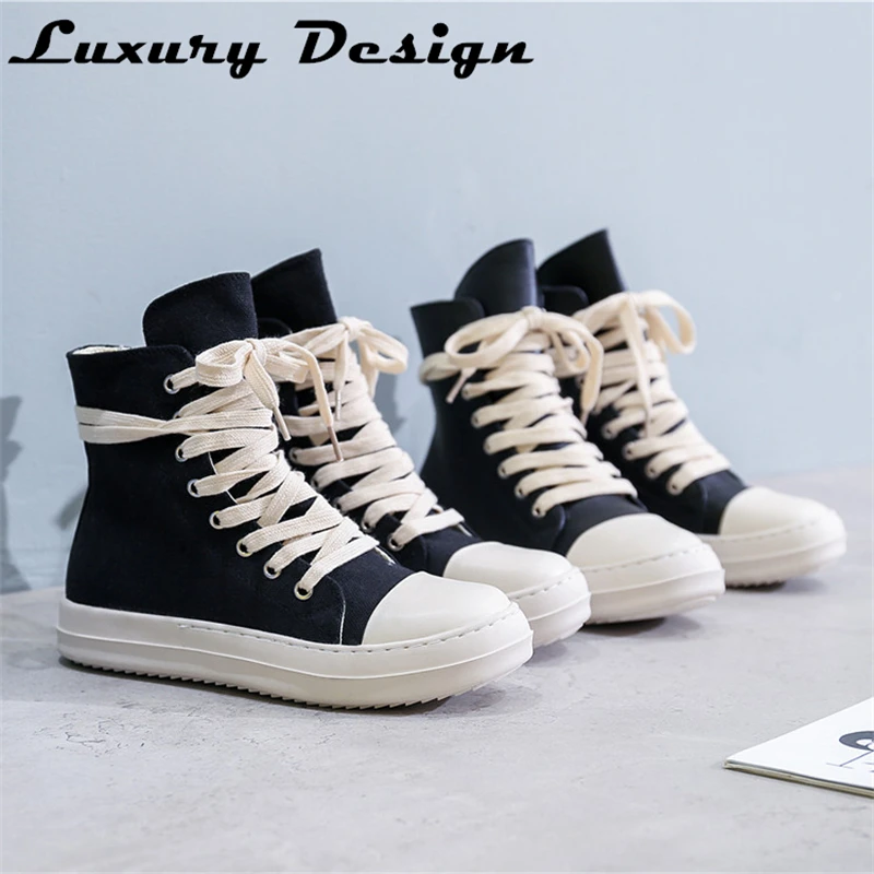 

High-TOP Women Casual Canvas Shoes Luxury Trainers Ankle Lace Up Men Sneakers Zip Hip Hop Streetwear Flats Black Boots Big Size