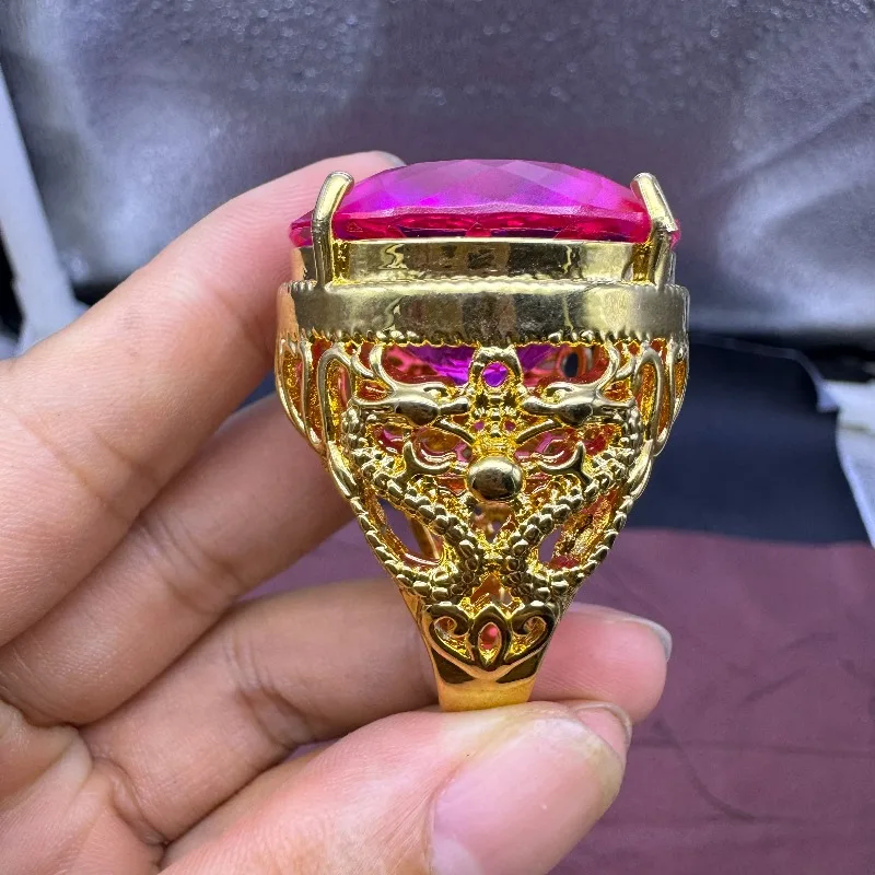 Qianlong Style Oversized 30mm Hollow Carved Lab Grown Pink Diamond Thumb Ring Luxury Bold Vintage Statement Jewelry