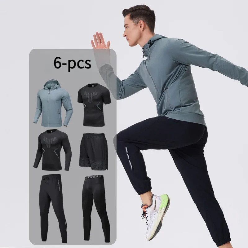 Men's 6-Piece Sportswear Set with Hood Breathable Camping And Cycling Outfit Training Gear Having Pockets