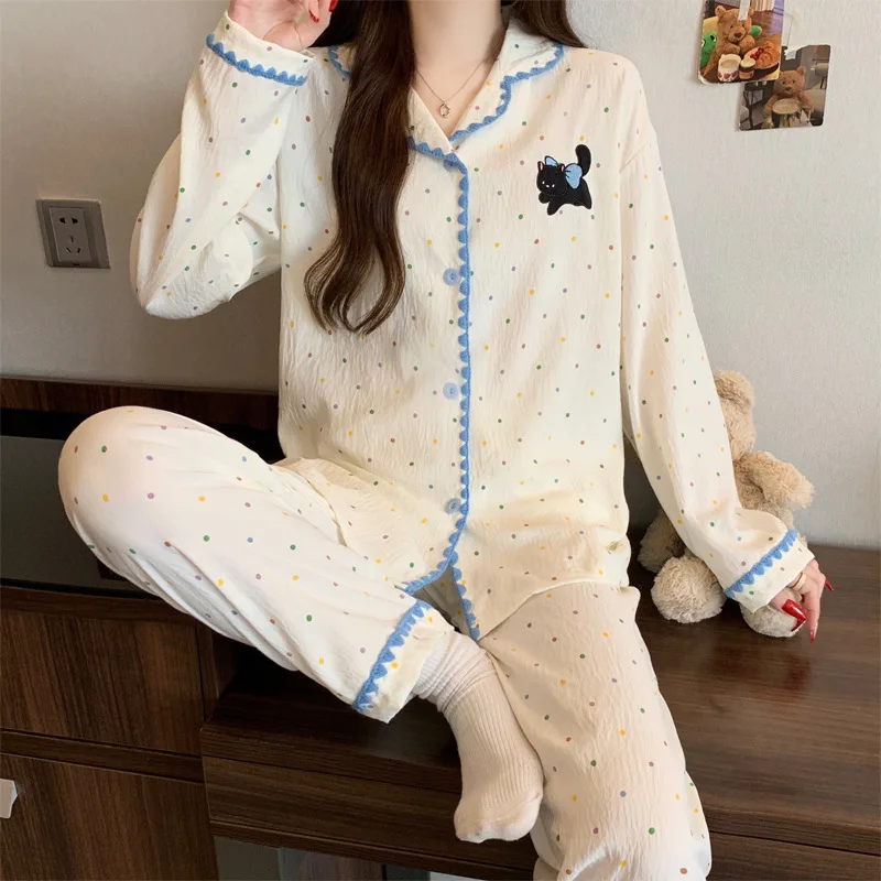 

Женский популярный домашний комплект для сна с длинными рукавами, весенний комплект для сна с длинными рукавами и длинными брюками в горошек с кошачьим принтом
