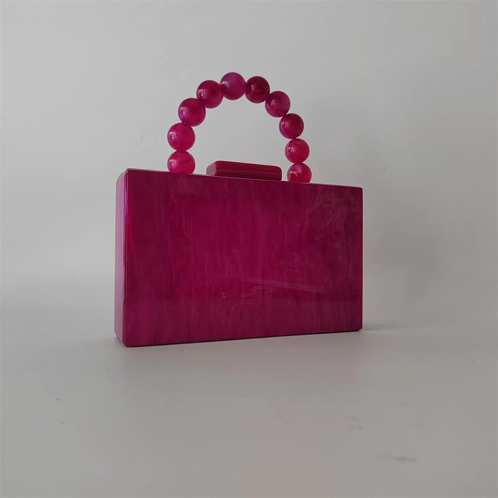 Hot Fuchsia Marble Acrylic PVC Box  Clutch Bags Women Luxury Designer Purses And Handbags Wedding Party Beaded Handle Flap Bags