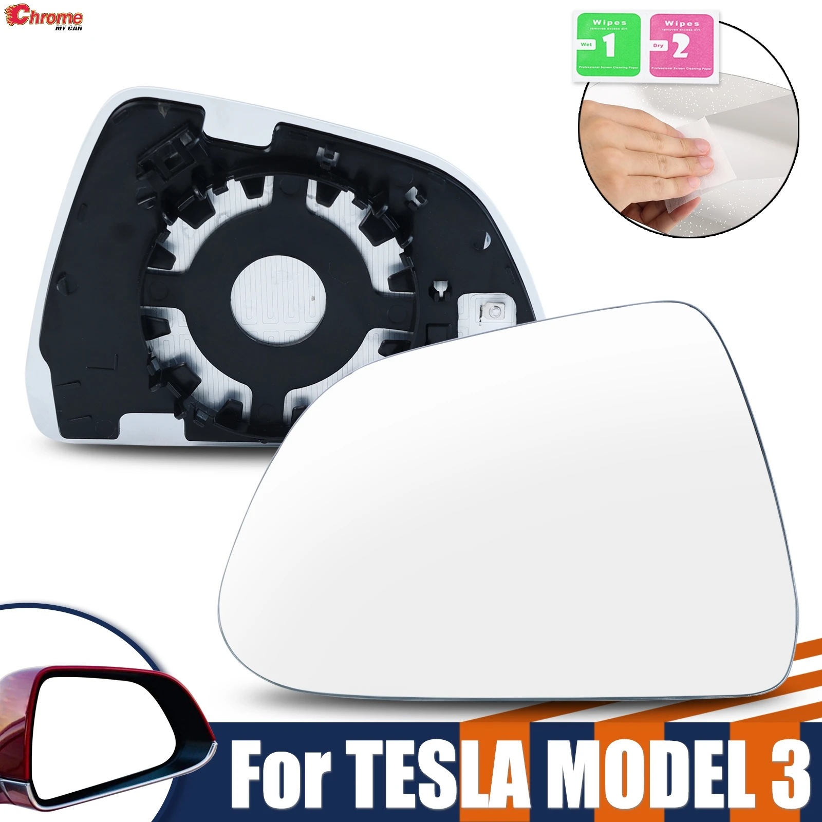 1PCS Left Wide Angle Mirror Rearview Mirror Lens For Tesla Model 3 2017-2024 Assessory Heat Waterproof Anti Glare Large Vision