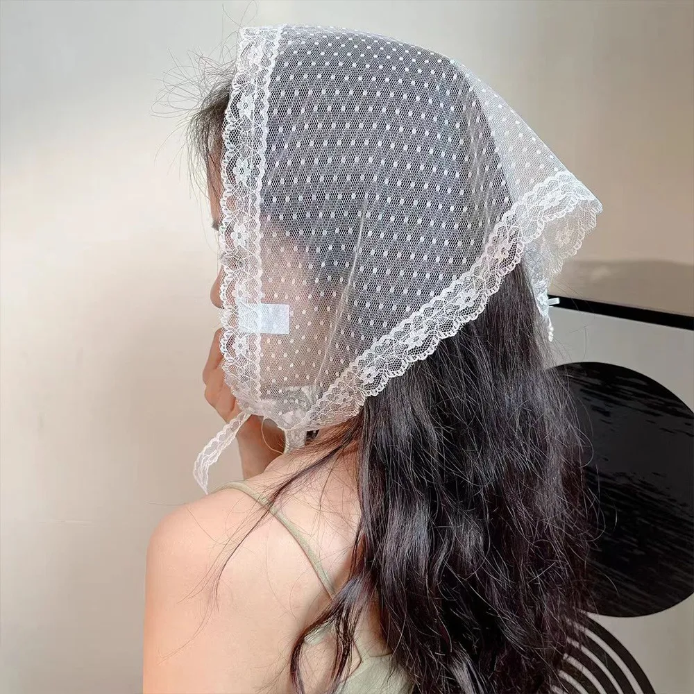 Sweet Embroidered Lace Triangle Headscarf White Pastoral Style Hair Bandana Woven Floral Hollow-out Lace Skirt for Women Girls