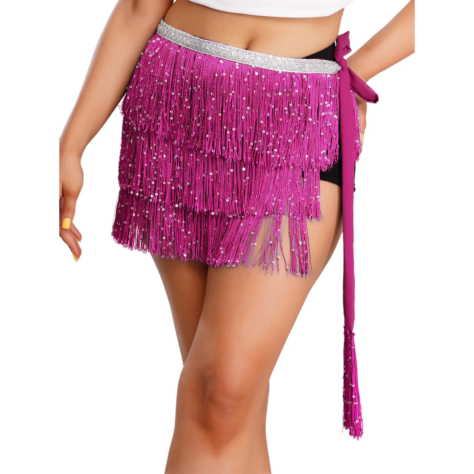 Damska orientalna indyjska arabska spódnica do tańca brzucha z błyszczącymi cekinami, warstwowa, z frędzlami, sznurowana, spódnica na biodra, kostium na rave, festiwal muzyczny.