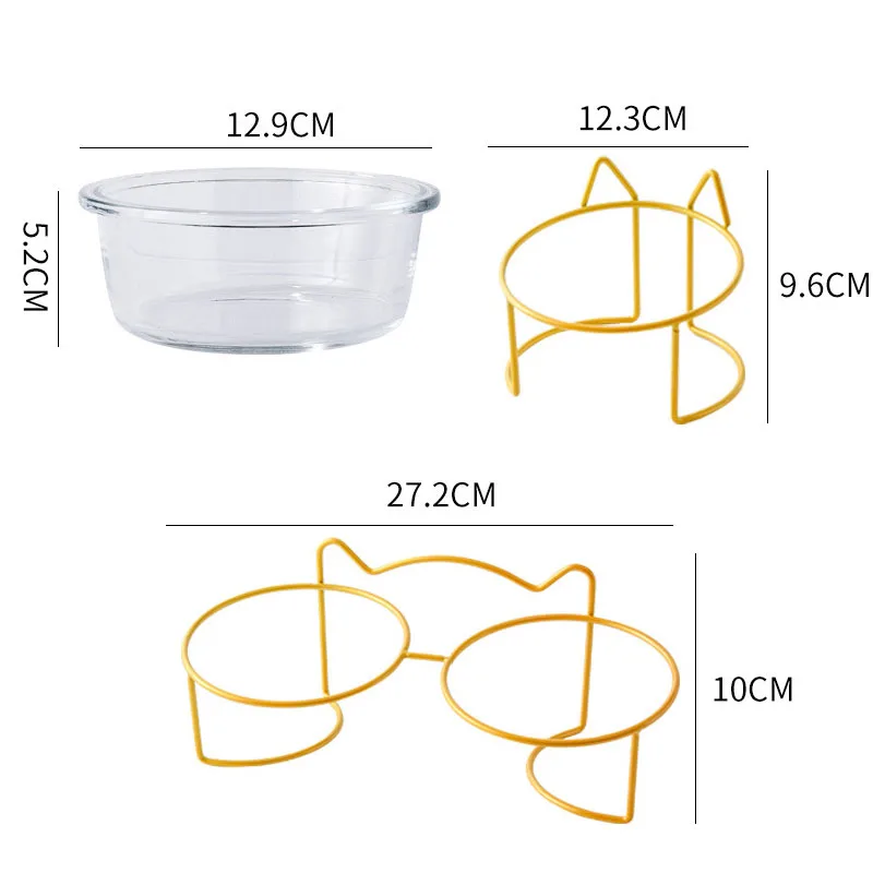 Cat Double Bowl Glas with Stand and Mat Pet Kitten Puppy Transparent Food Feeding Dish Water Feeder Metal Elevated Dog Supplies