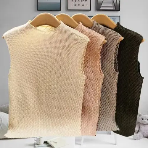 

Miyake Summer New Product Temperament Stand-up Collar Solid Color Bottoming Vest Fish Scale Horizontal Pleated Versatile Top