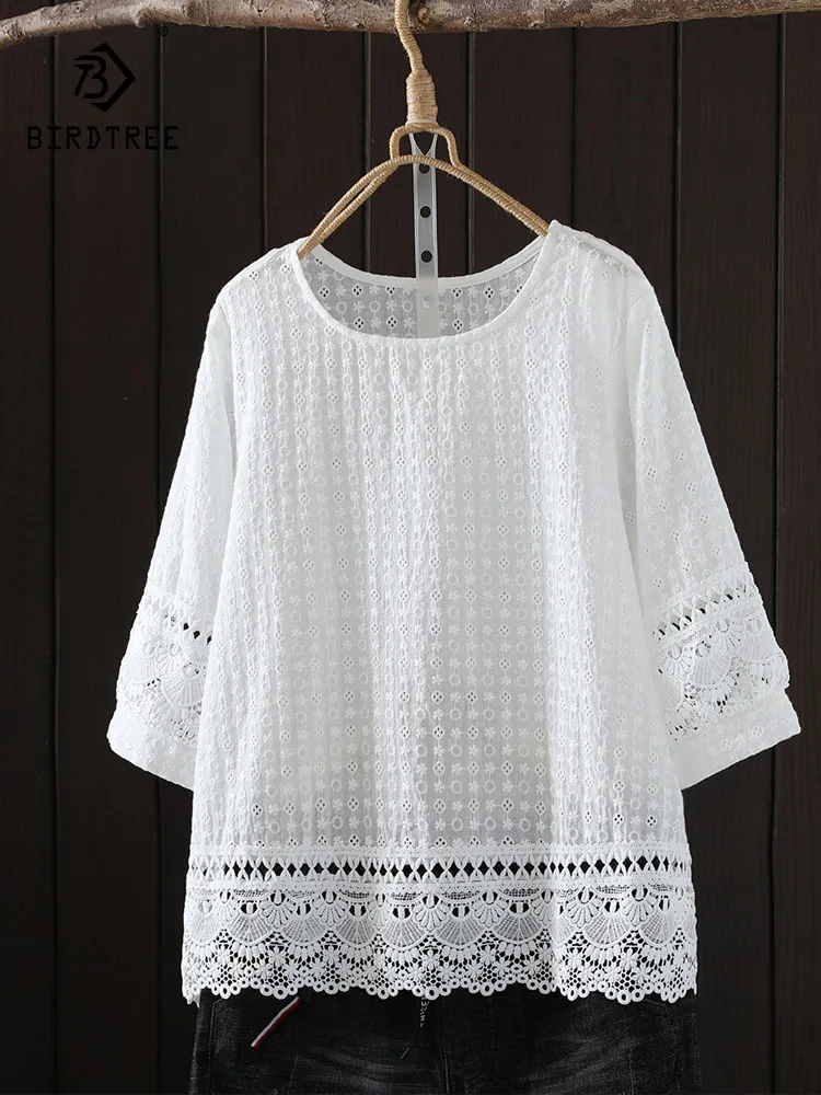 

New 2026 Spring Cotton 3/4 Sleeve T-Shirt, Women O Neck Lace Patchwork, Mori Girl French Sweet Casual Loose Doll Tee T5D548CC