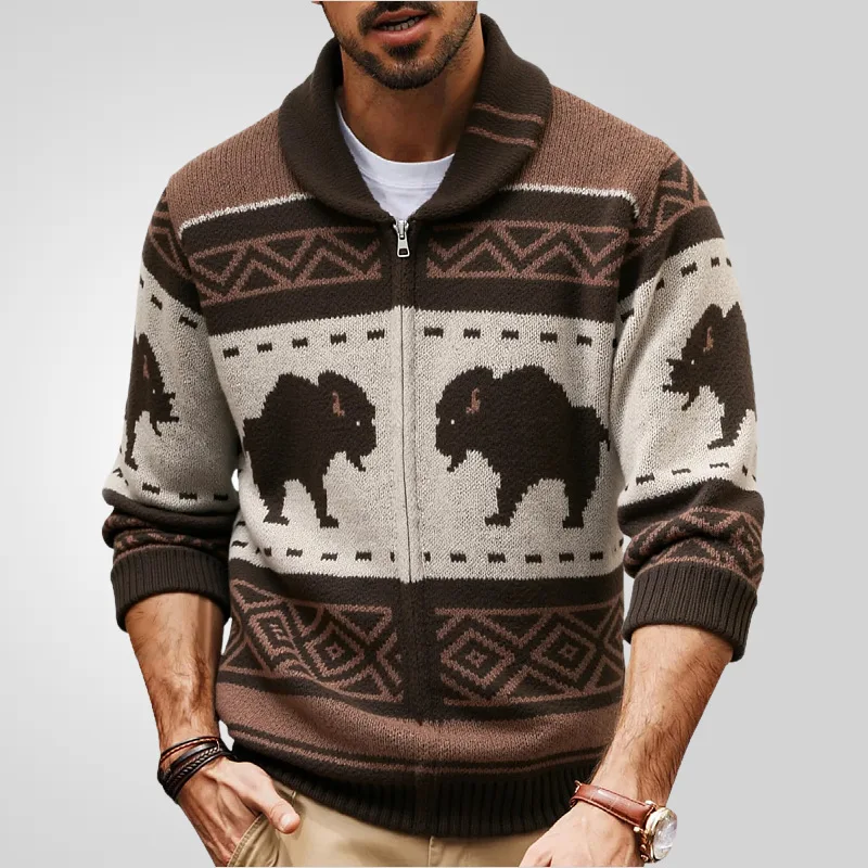 

Men Retro Fair Isle Zipper Cardigan Heavyweight Knit Sweater Ethnic Animal Geometric Print Loose Warm Outdoor Casual Streetwear