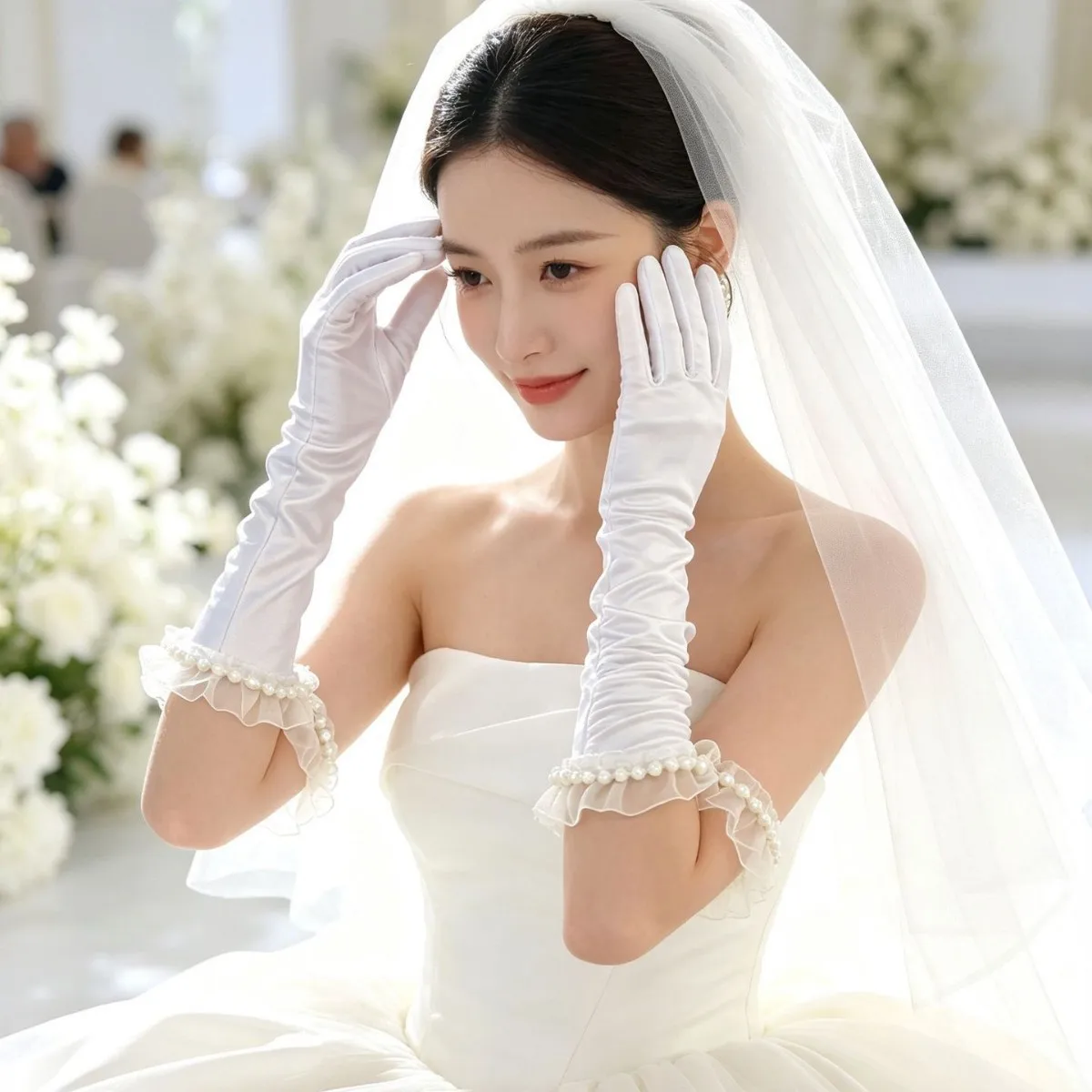 Gloves Women Bridal Long Satin Pearl Ruffle Wedding Dress Matching Photo Studio Accessory Premium Classic Soft Lightweight Comfy
