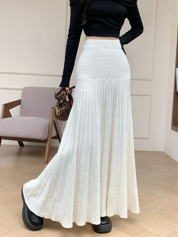 

Women Elegant Patchwork Solid Color Pleated Half Skirts Autumn Winter New Vintage High Waist Design A-Line Knitted Skirt