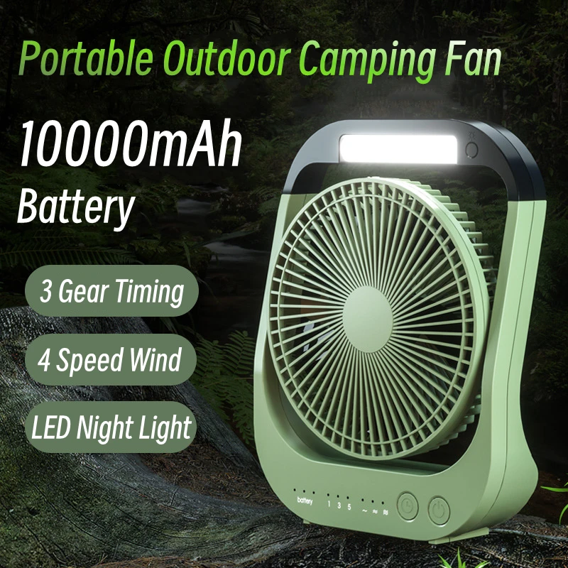 

10000mAh Outdoor Camping Fan with LED Night Light Portable Desktop Cooling Ventilator 4 Speed Silent for Home Office Timed-off