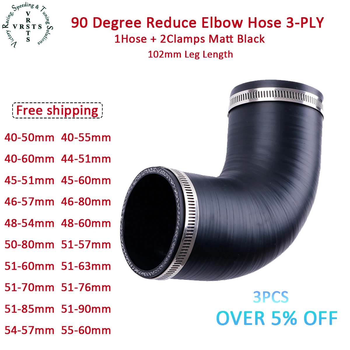 3PLY 90° 102mm Length 90 Degree Reduce Elbow Silicone Hose ID 40 50 44 45 90 51 80 57 60 70 85 54 MM 1PC Matt Black W/ 2 Clamps