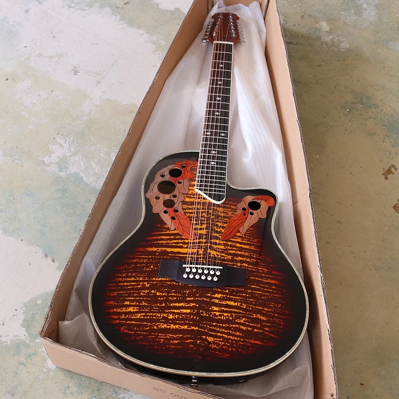 Rundbodige 12-Saitige Elektroakustische Gitarre mit EQ, Flammenholzfurnier, Fichten-Decke, 41 Zoll, Hochglanz-Cutaway, Westerngitarre in Premium-Qualität