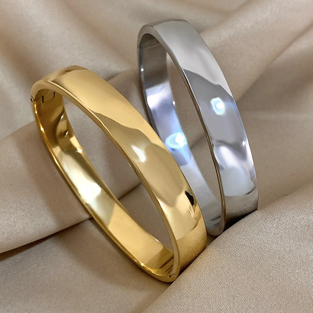 Manschettenarmband aus 316L-Edelstahl für Damen und Herren, minimalistisch, glänzend, goldfarben, silberfarben, wasserfest, klobige Armbänder