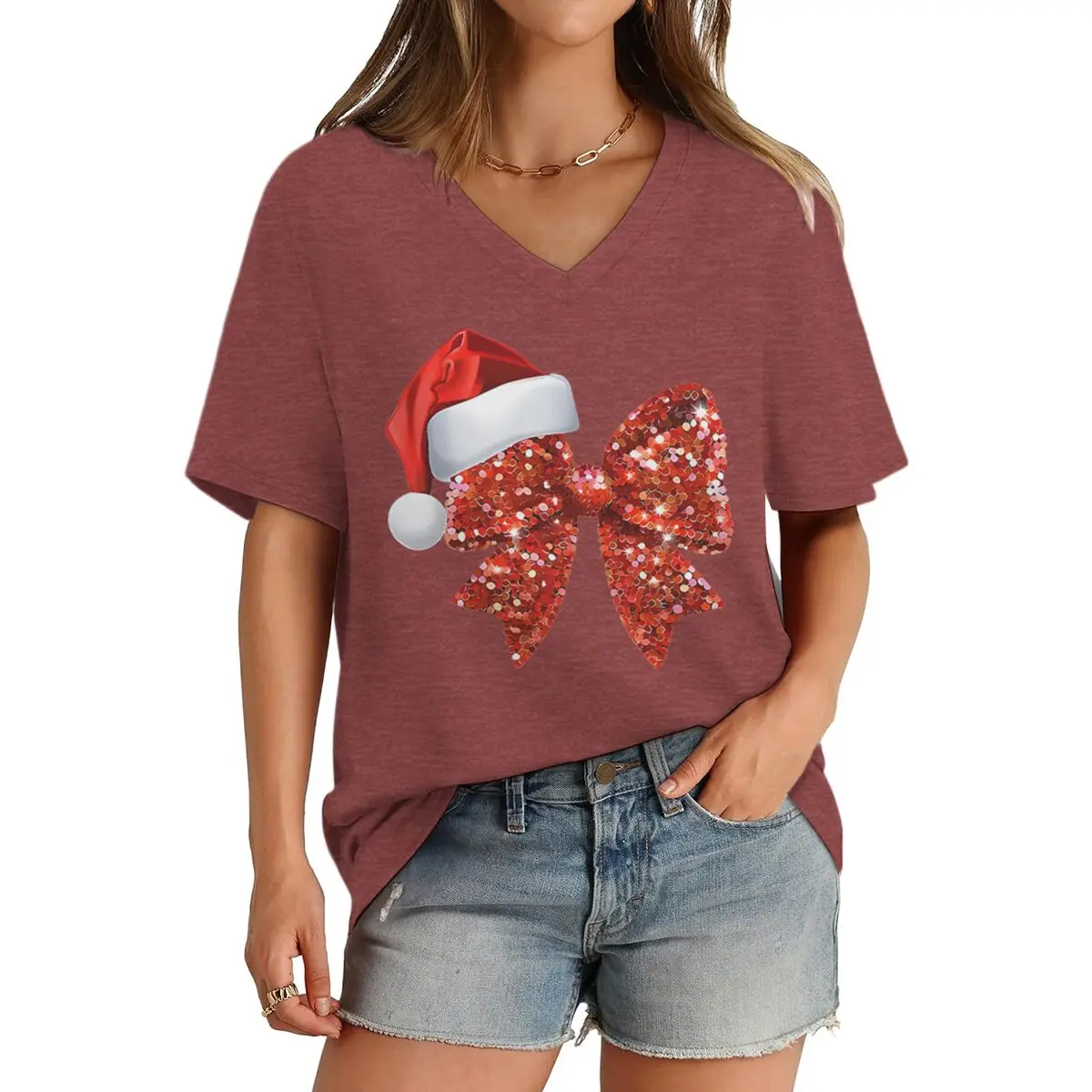 Christmas Santa Hat & Glittery Red Bow T-Shirt for Women V-neck Festive Holiday Party Tops Woman Merry Christmas Soft Tee