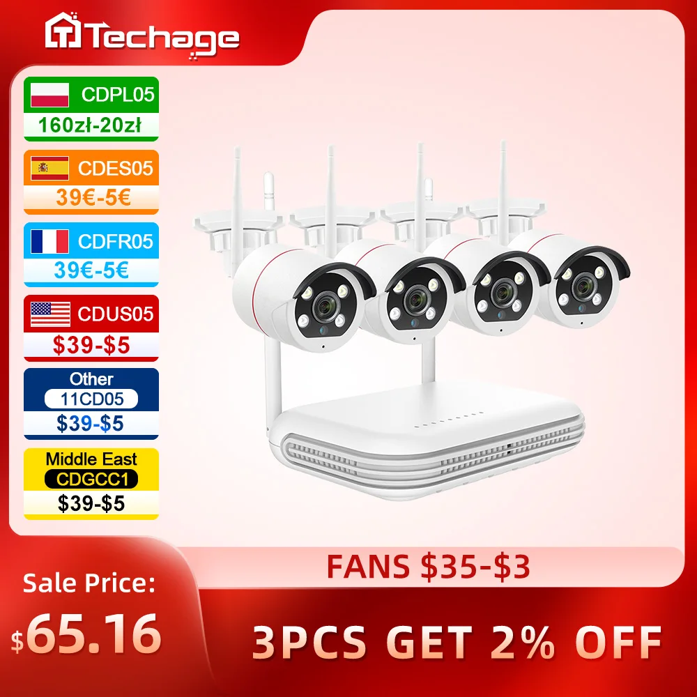 

Techage 4CH HD 5MP Wireless Security Camera System Face Detect IP66 WIFI CCTV Record Video Surveillance Protection Kit H.265 P2P