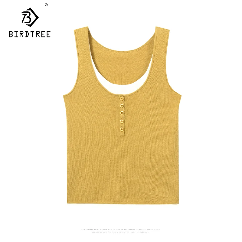 Birdtree, 32.4%Sheep Wool, Women Knitted Camisole, Basic Chic Camis, 2024 Spring Autumn Winter Solid Bottoming Shirt T49422QM