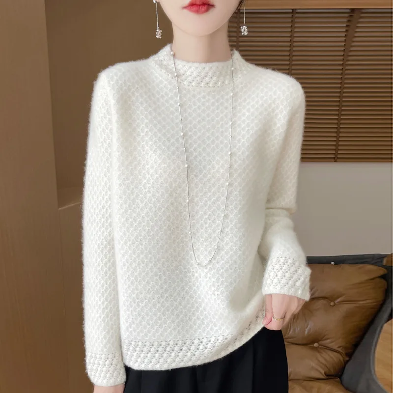 가을 겨울 세미 터틀넥 100% 울 스웨터 여성용 두꺼운 허니콤 자카드 솔리드 루즈 다용도 패션 니트 스웨터