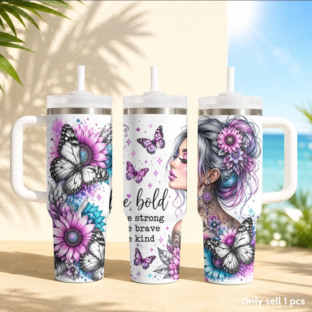Art A girl with heavy makeup Vacuum Flasks 40oz Stainless Steel Insulated Tumbler with Handle & Straw Leakproof Travel Mug