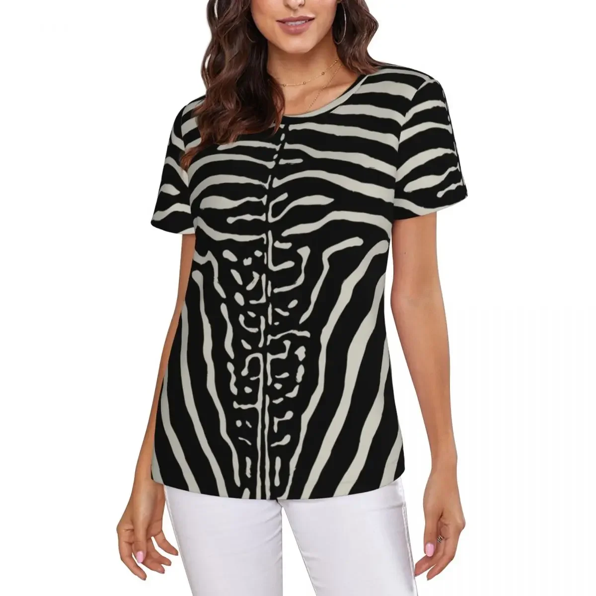 Zebra Stripes Print Skin Hide Texture T-Shirt Women Short Sleeve T Shirts Crew Neck Clothes Cotton Summer Tees Streetwear