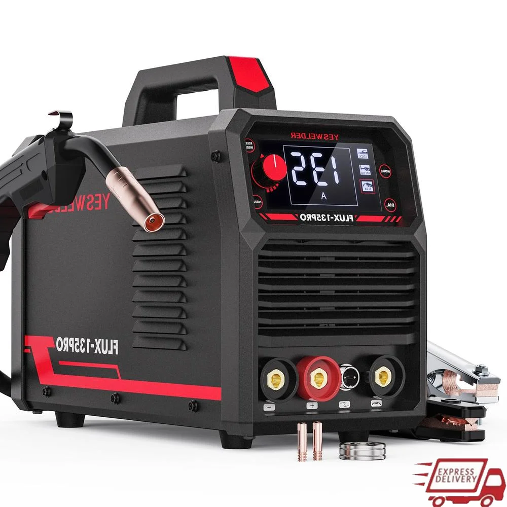 135A MIG Welder Flux Core/Lift TIG/Stick 3-in-1 LED Welding Machine IGBT Inverter Up to 135A Output Gasless Digital Display