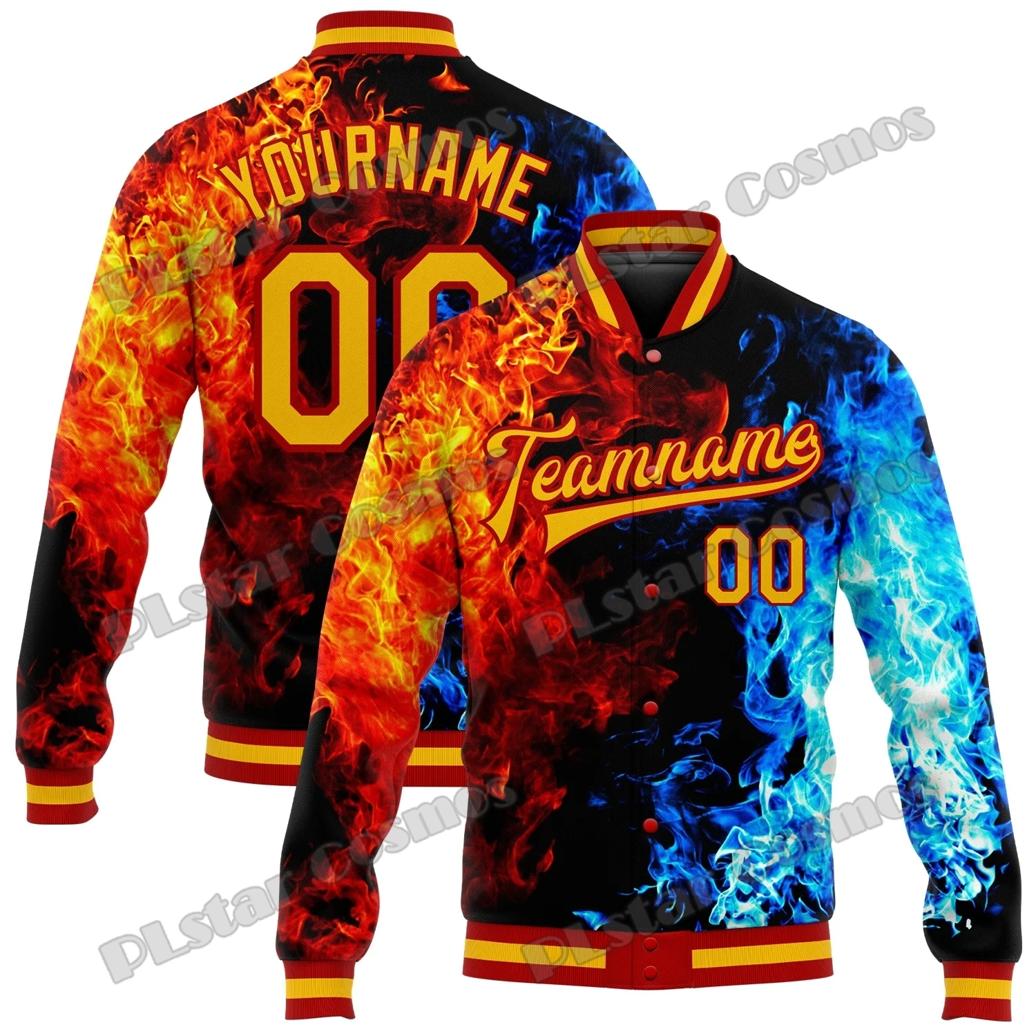 Custom Black Gold Red-Royal Flame 3D Printed Men's Bomber Full-Snap Varsity Jacket Winter Unisex Casual Baseball Jacket AK03