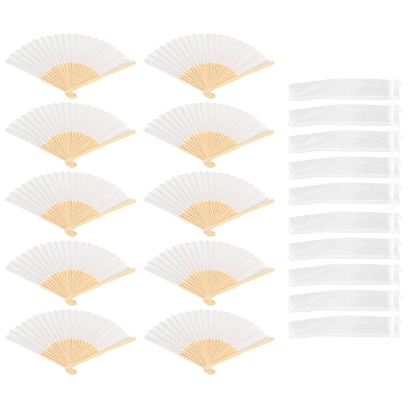 

A74K-10X Fan In White Silk Fabric + Bamboo With Gift Bag In Muslin For Wedding Personalized Dancing Writing Painting