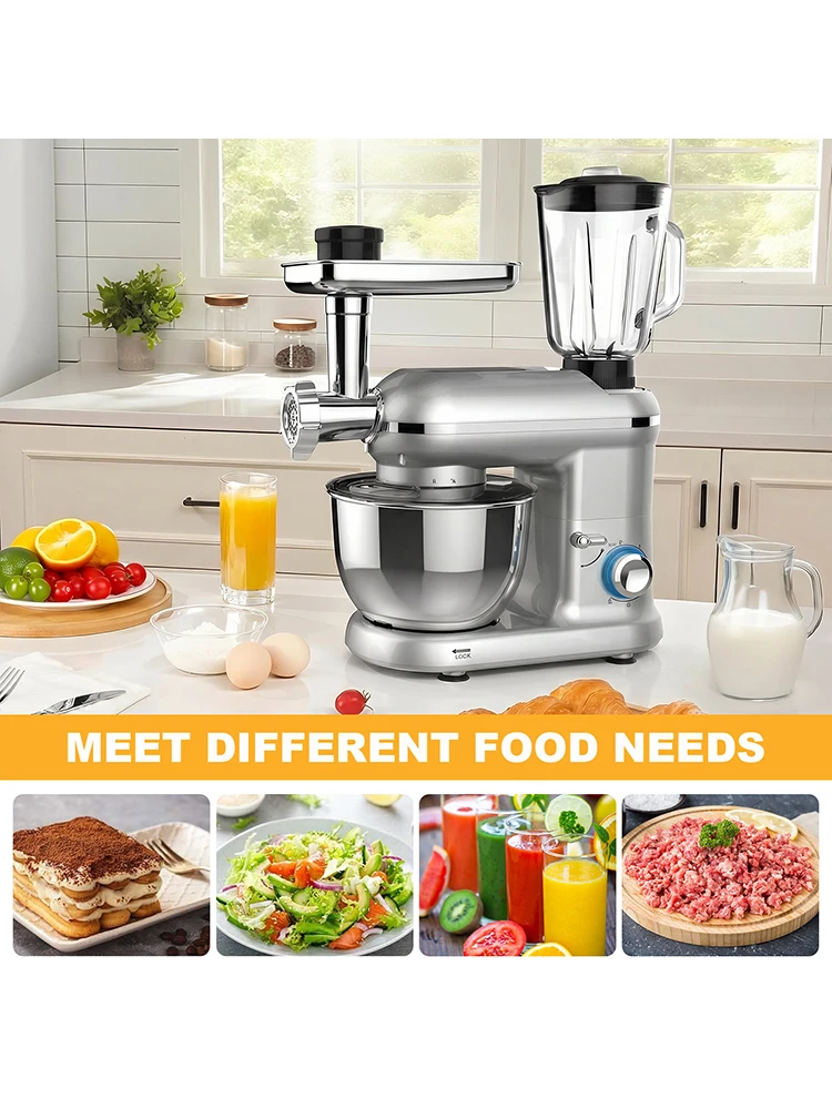 1900W Multifunktionaler Standmixer mit 6L Edelstahl-Rührschüssel 6-Gang-Mixer Fleischwolf Knethaken Schneebesen & Rührbesen
