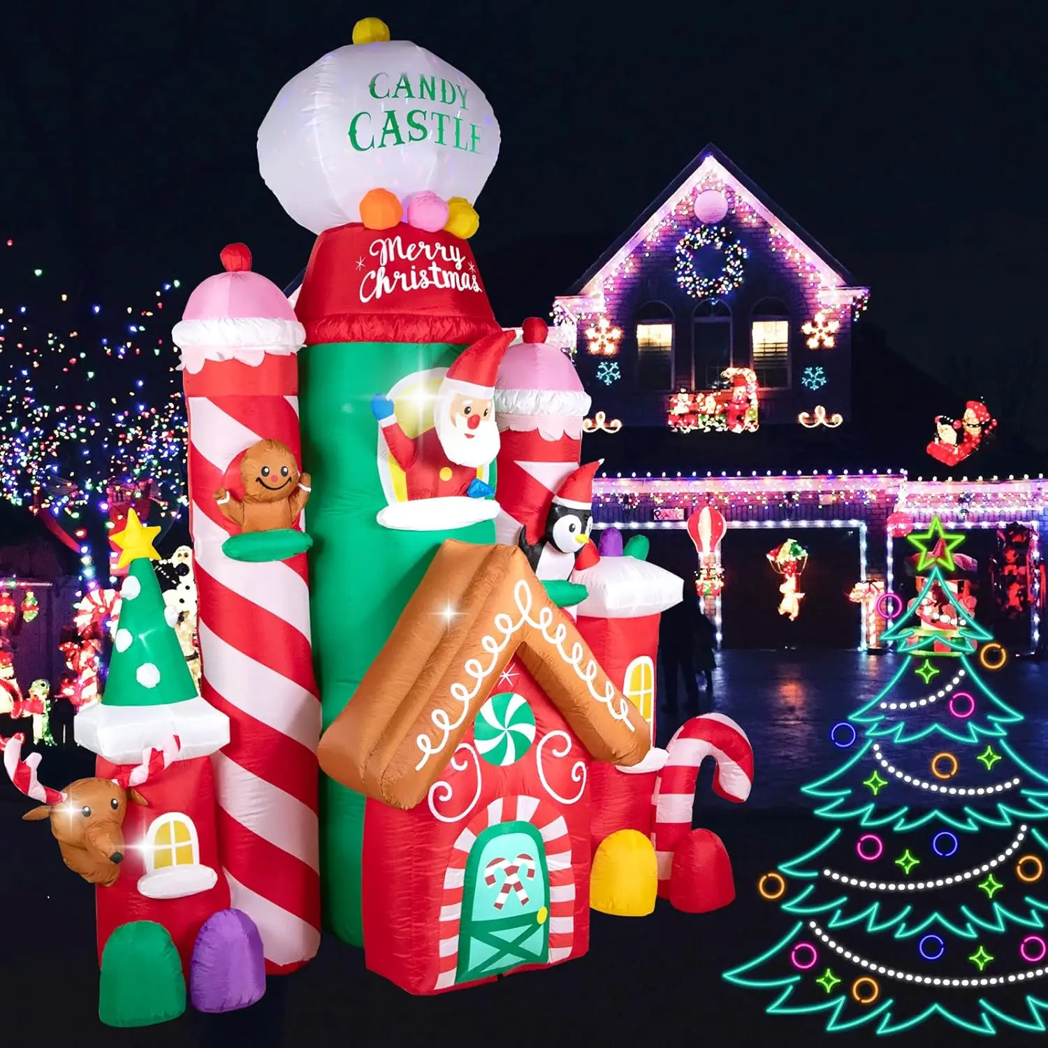 FT Christmas Inflatable Decorations,Gaint Candy Castle Inflatable with Santa,Reindeer,Penguin,Gingerbread - Blow Up Yard Outdoor