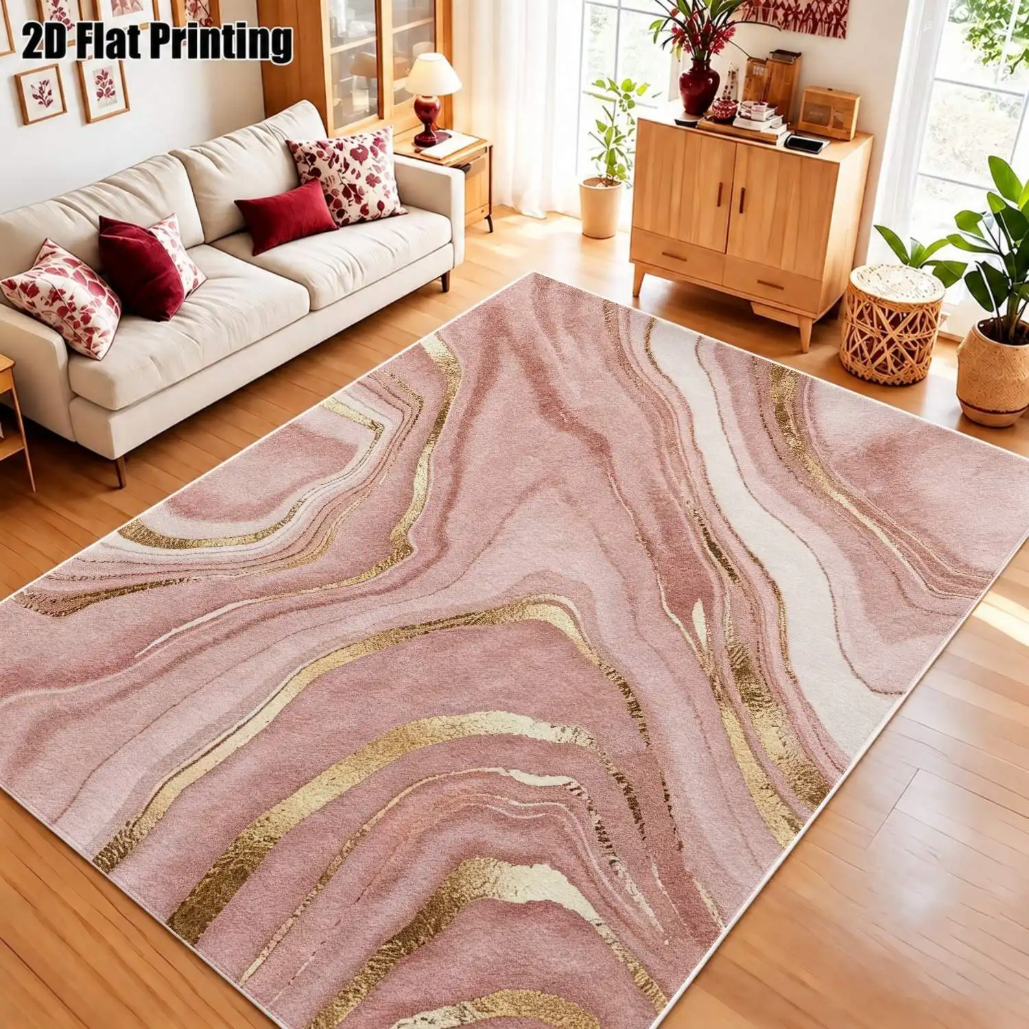 1Pc 2D Printed Pink Abstract Velvet Carpet, Nordic/Instagram Style, Modern Minimalist Geometric Striped Floor Mat, Machine Washable, Multi-Size Home Decor for Entryway, Dining Room, Foyer, Living Room, Bedroom