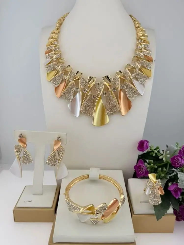 New Arrival Luxury Three Tone Shape Brazilian Jewelry set Stud llaveros Collar Pulseras pin Pendient tentacles Anillo 4PC Set