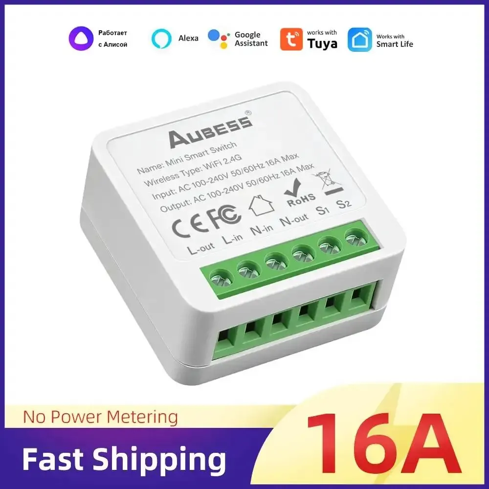 Miniinterruptor inteligente con Wifi para el hogar, interruptor de luz inalámbrico de 2 vías, 16A, con aplicación Tuya Smart Life, Alexa y Google Home