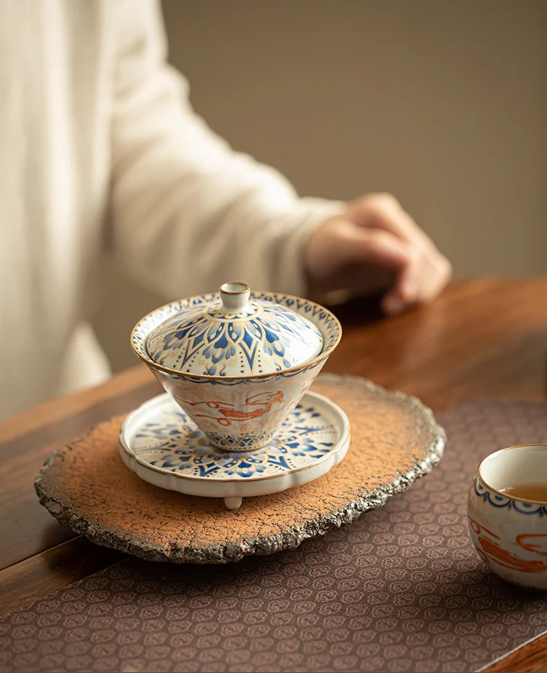 

Tea set ceramic geometric pattern underglaze color high-grade cover bowl anti-scalding household large-capacity desktop ornament