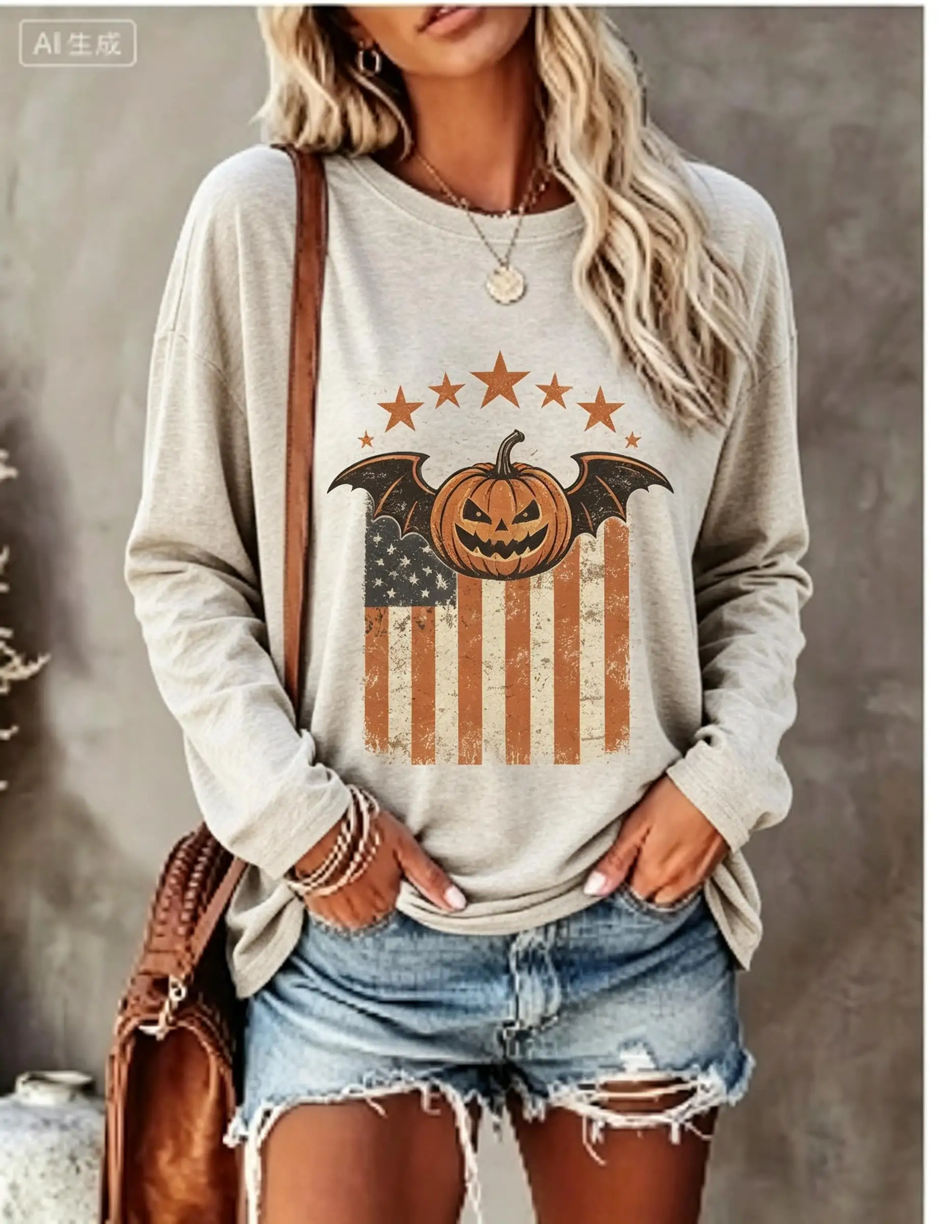 Women Halloween Long Sleeve T‑Shirt Pumpkin Bat Wing Star Vintage Stripe Print Crew Neck Tops