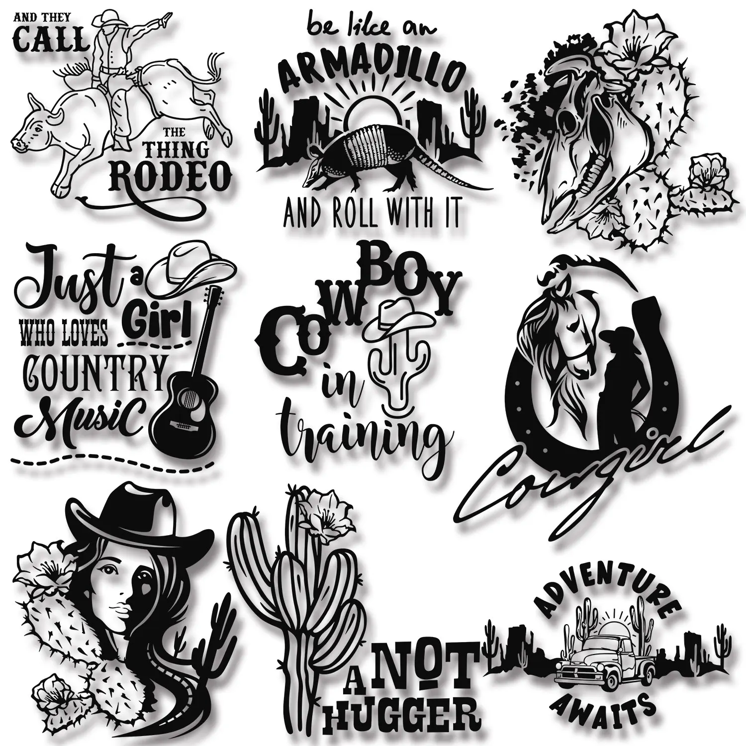 Black Lines Picture Adenture Awaits Cowgirl Cowboy Western Iron on Picture on Clothes Minimalist style DIY Decoration