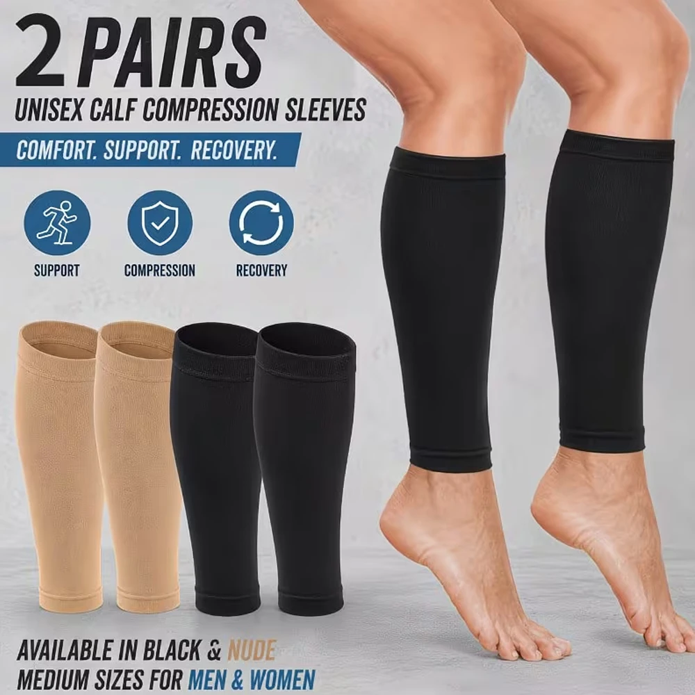

2 Pairs of Unisex Knee Compression Socks, Leg Support Socks, Soft and Stretchy, Comfortable Fit, for Running, Training, Daily Activities, Sports Socks, Black and Nude Color for Men and Women