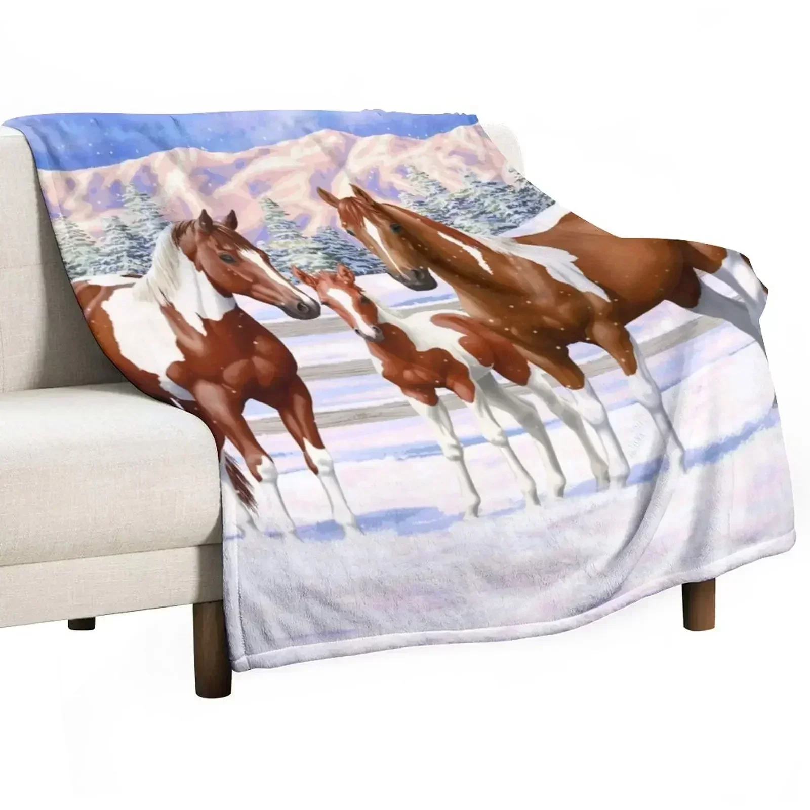 Chestnut Pinto Sorrel Paint Quarter Horses In Snow Throw Blanket valentine gift ideas Vintage Hair Blankets