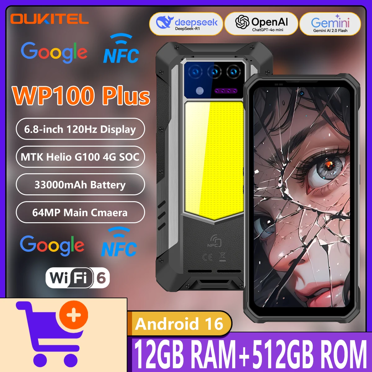 OUKITEL WP100 Plus Rugged Phone MediaTeK Helio G100 4G 12GB+512GB Camping Light 6.8”120Hz Display 64MP Camera 33000mAh 66W NFC