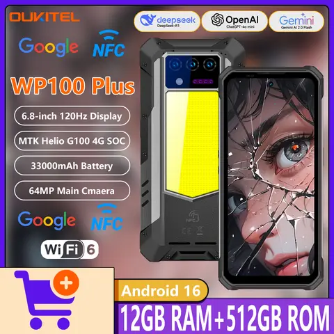 OUKITEL WP100 Plus Rugged Phone MediaTeK Helio G100 4G 12GB+512GB Camping Light 6.8”120Hz Display 64MP Camera 33000mAh 66W NFC