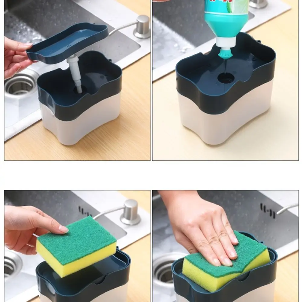 Convenient Soap Dispenser Kitchen Sink Manual Press Liquid Pump Scrubber Sponge Holder Cleaning Organizer