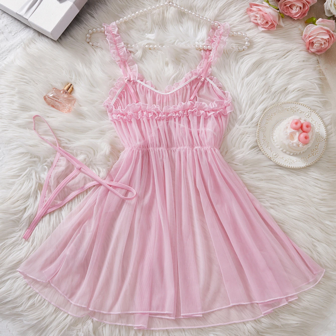 فستان بيبي دول مثير للنساء ملابس داخلية شفافة بحمالة فستان نوم لحفلات الزفاف ومجموعة على شكل حرف T من الخلف ملابس نوم أنيقة ولطيفة لمفاجأة التاريخ