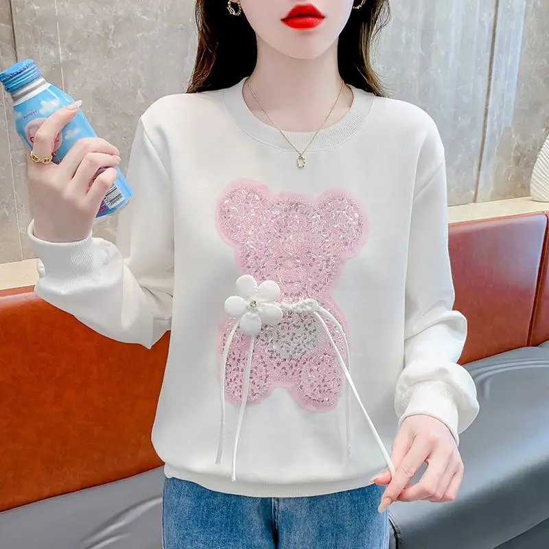 Fashion O-Neck Spliced Lace Up Sequined Cartoon Blouses Female Clothing 2024 Autumn Winter New Loose Sweet Tops Korean Shirts