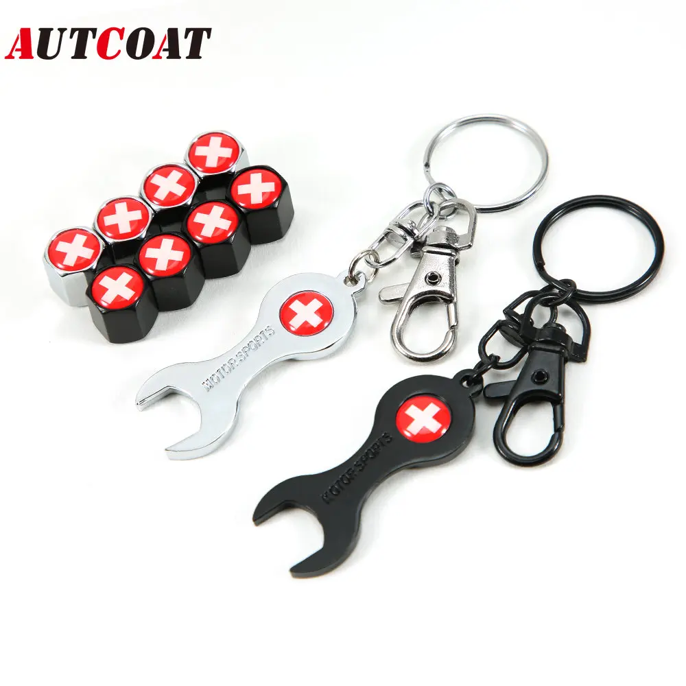 

1Set Switzerland Flag Style Anti-theft Emblem Auto Car Wheel Tire Air Valve Caps With Wrench Keychain Zinc Alloy Stem Dust Cover