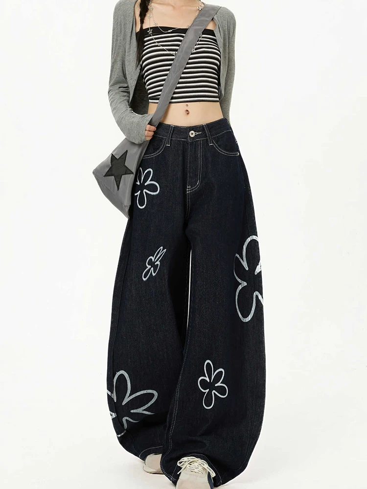 

Женские мешковатые джинсы с высокой талией, корейские модные джинсовые брюки, широкий крой, американский ретро Y2K, Harajuku, ковбойская уличная одежда, новинка