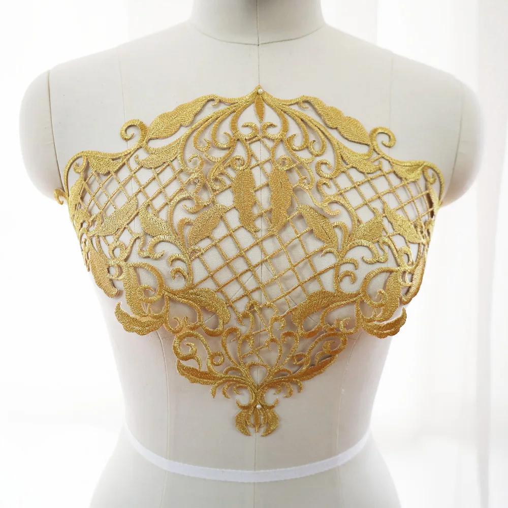 

Gold Embroidered Baroque Applique Hollow Grid Fabric Collar Iron Sew On Patch Wedding Bridal Gown Clothes Dress Decor DIY Crafts